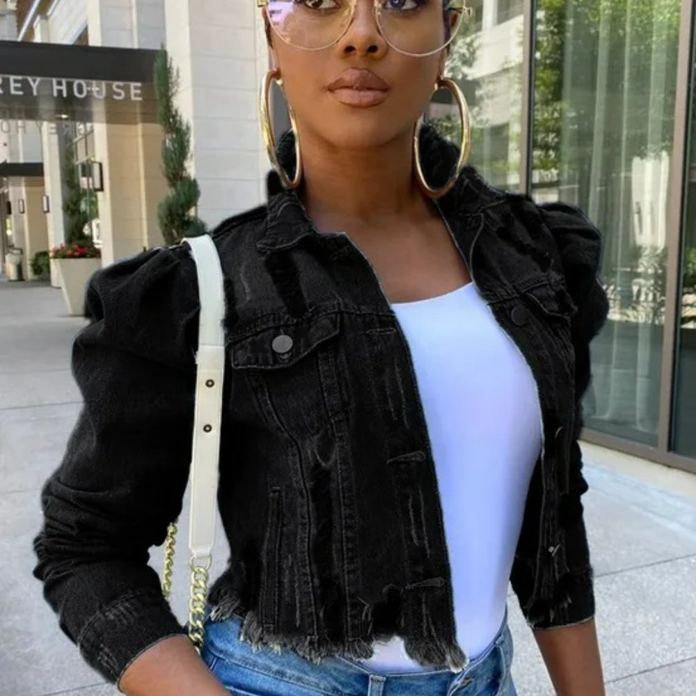 Black Demin Streetwear Cropped Cotton Single Breasted Jean Jacket